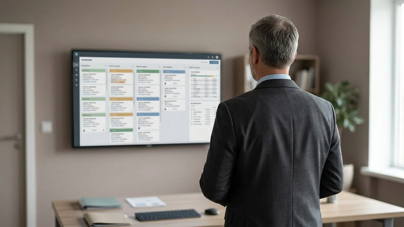A funeral director reviews a digital dashboard of active cases on a large monitor.