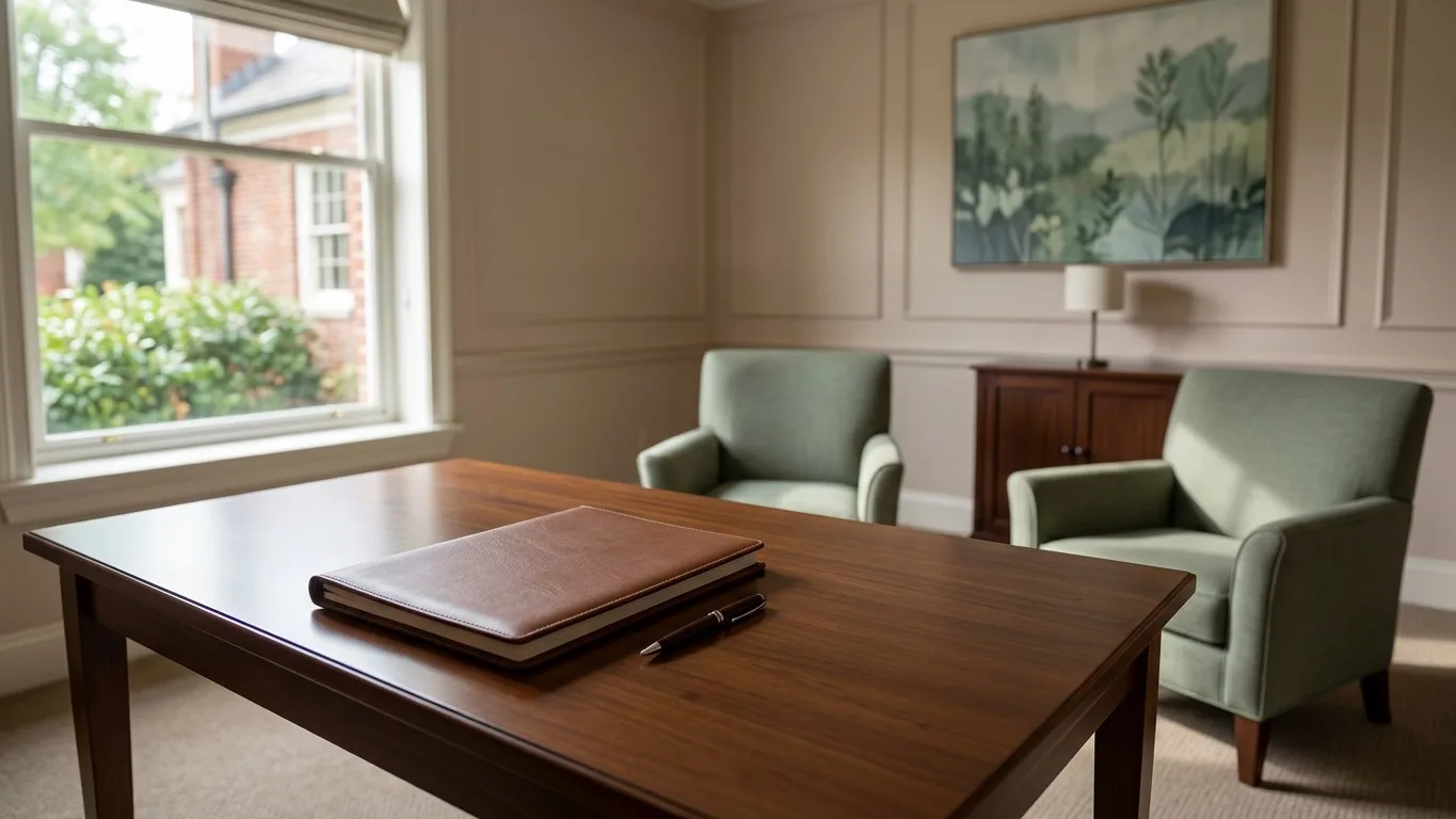 A leather portfolio and pen on a wooden table in a quiet funeral home arrangement room.
