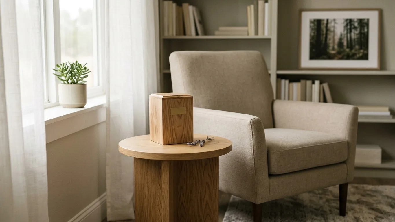 A small wooden urn for pet ashes sits on a table in a calm arrangement room.