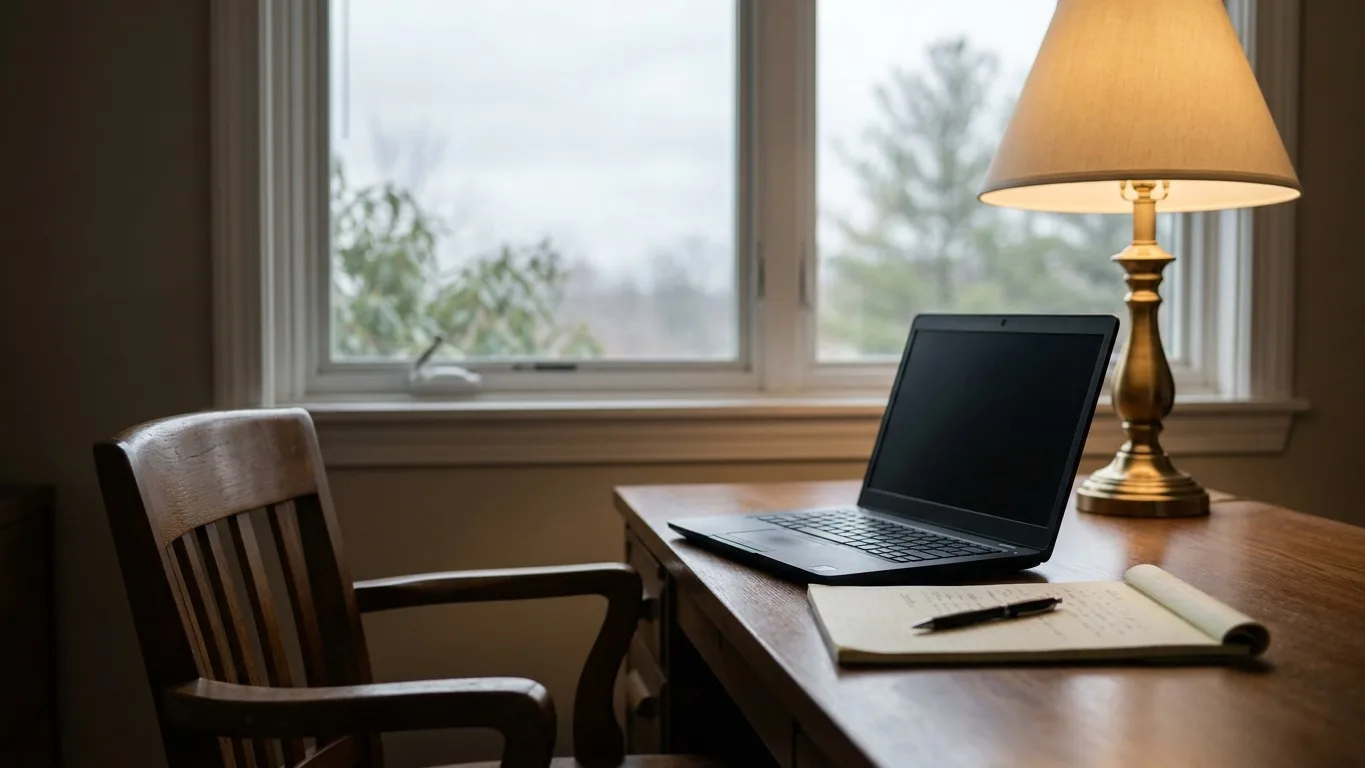 A laptop and notepad on a wooden desk in a quiet funeral home office.