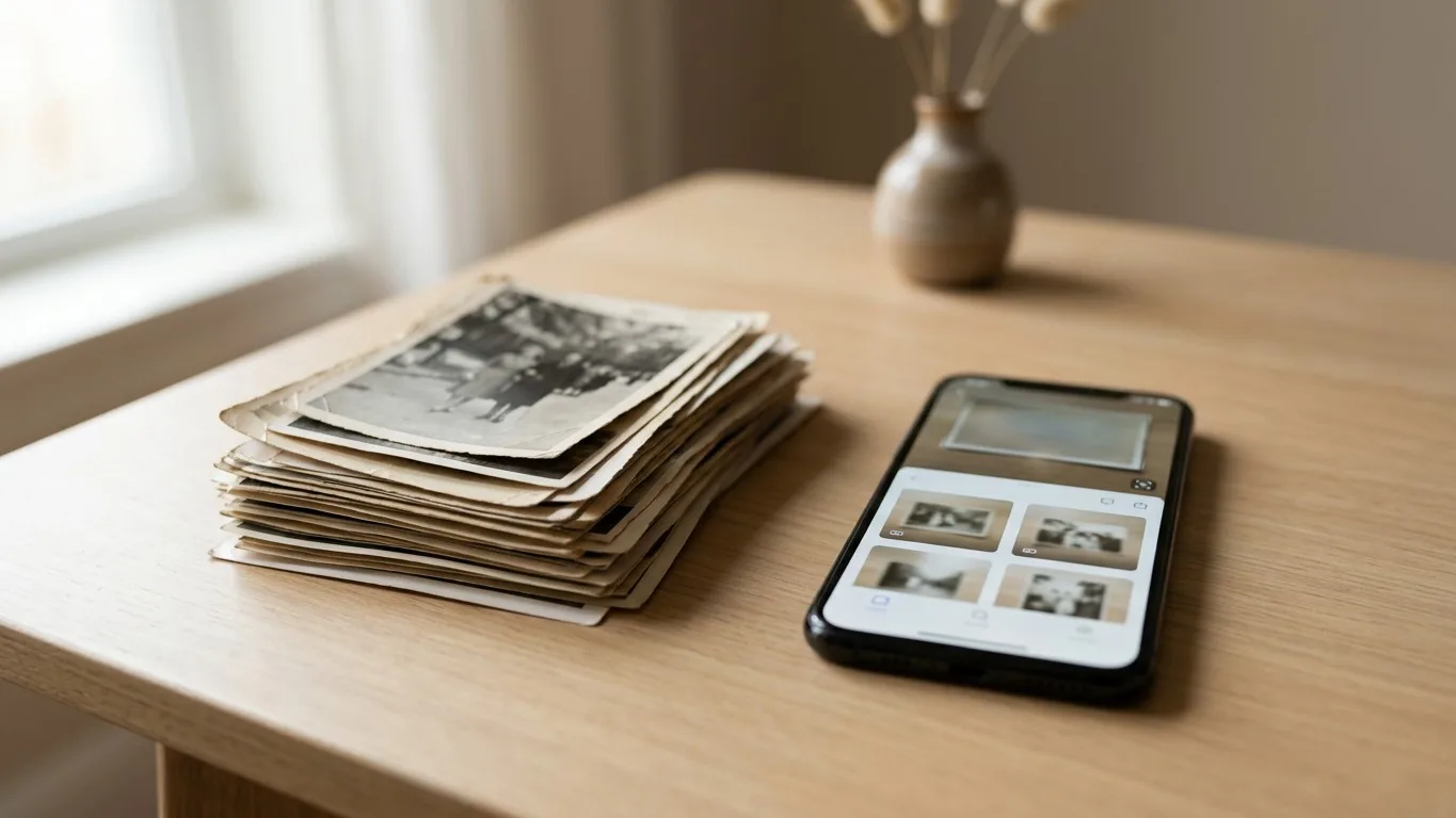 A smartphone using a scanning app to digitize a stack of old printed photos.