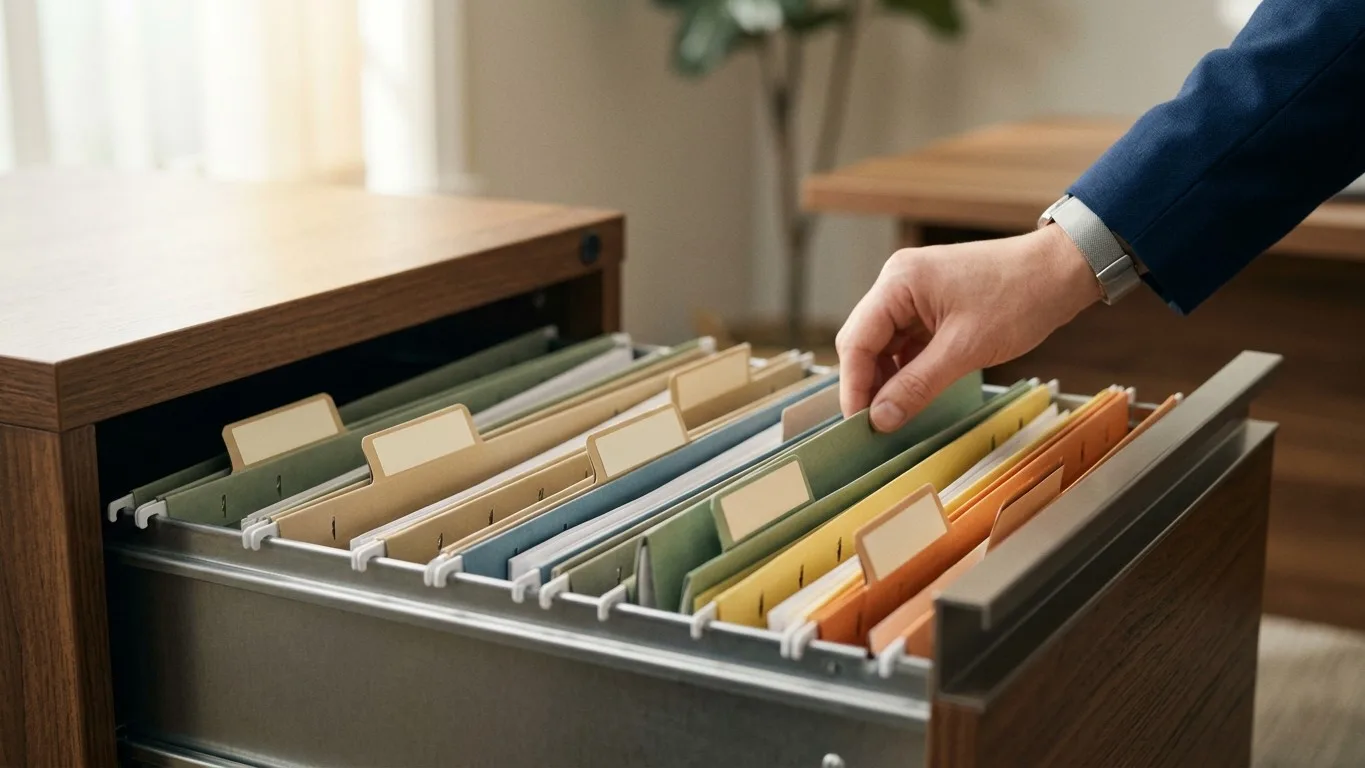 An open file drawer with organized folders, representing secure record-keeping for pre-need plans.