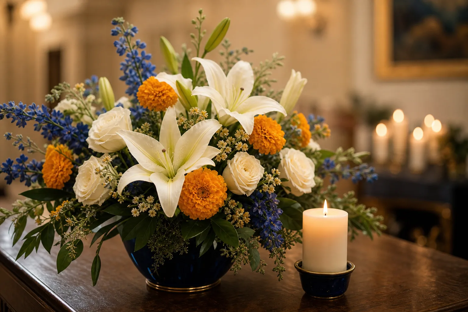 Un arreglo floral conmemorativo de lirios y rosas blancas, delfinios azules y caléndulas naranjas en un florero azul marino junto a una vela encendida.