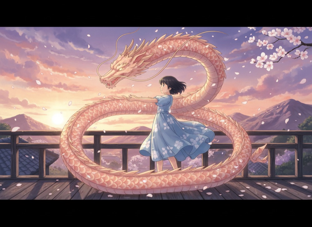 Anime illustration of a girl on a wooden balcony at sunset as a glowing origami dragon curls around her.