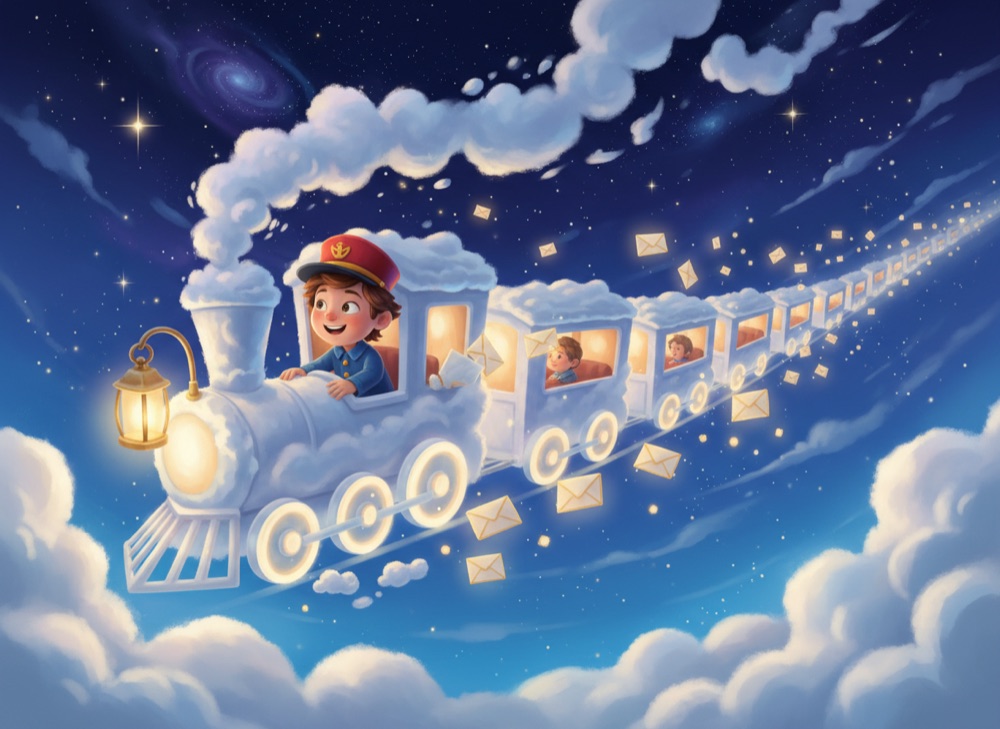 3D illustration of a young boy in a conductor cap riding a magical train made of clouds through a starlit sky.