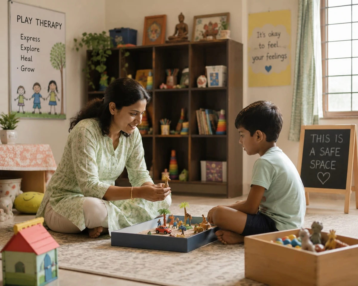 Child engaged in play in a warm counselling space