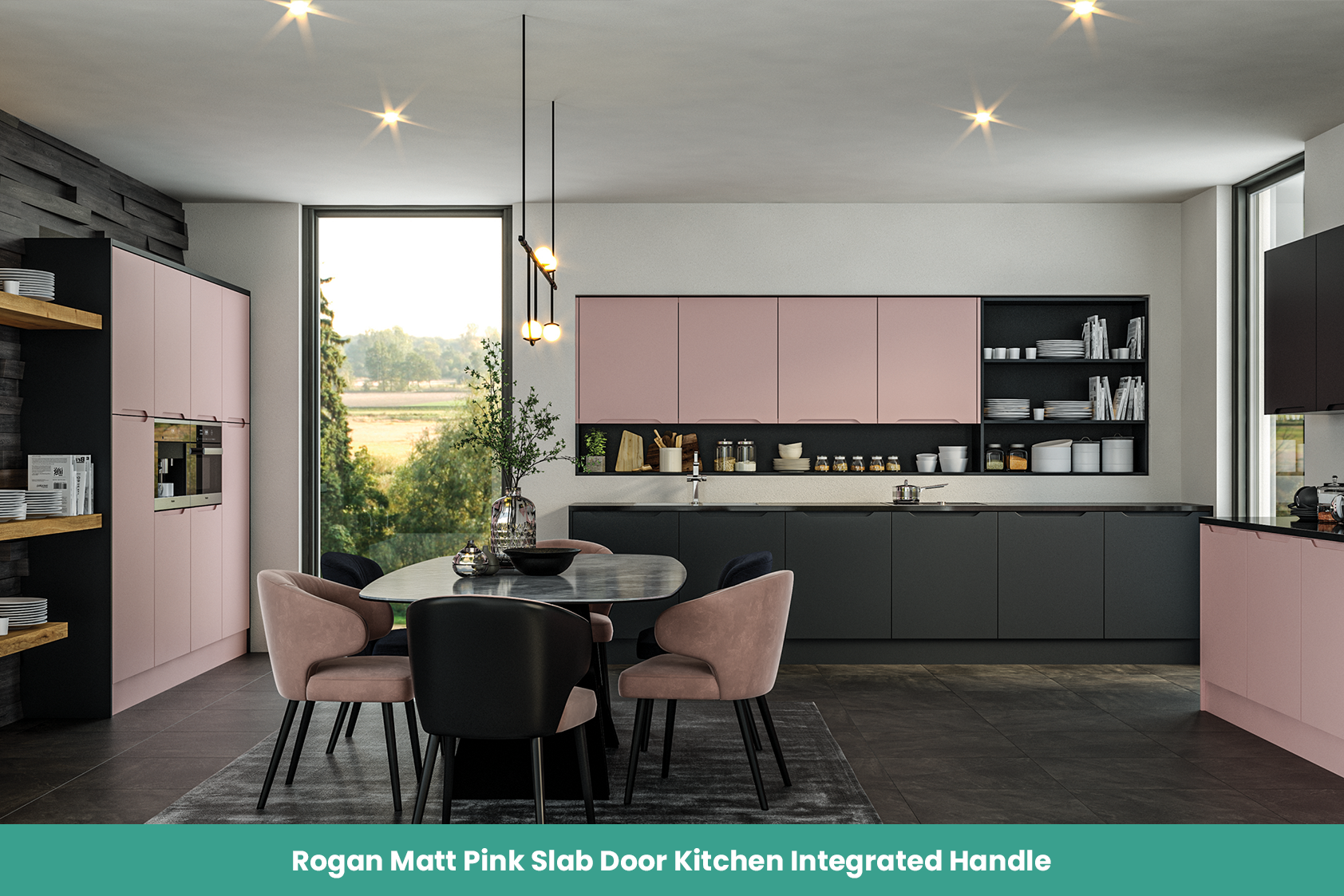 Rogan Matt Pink Slab Door Kitchen Integrated Handle
