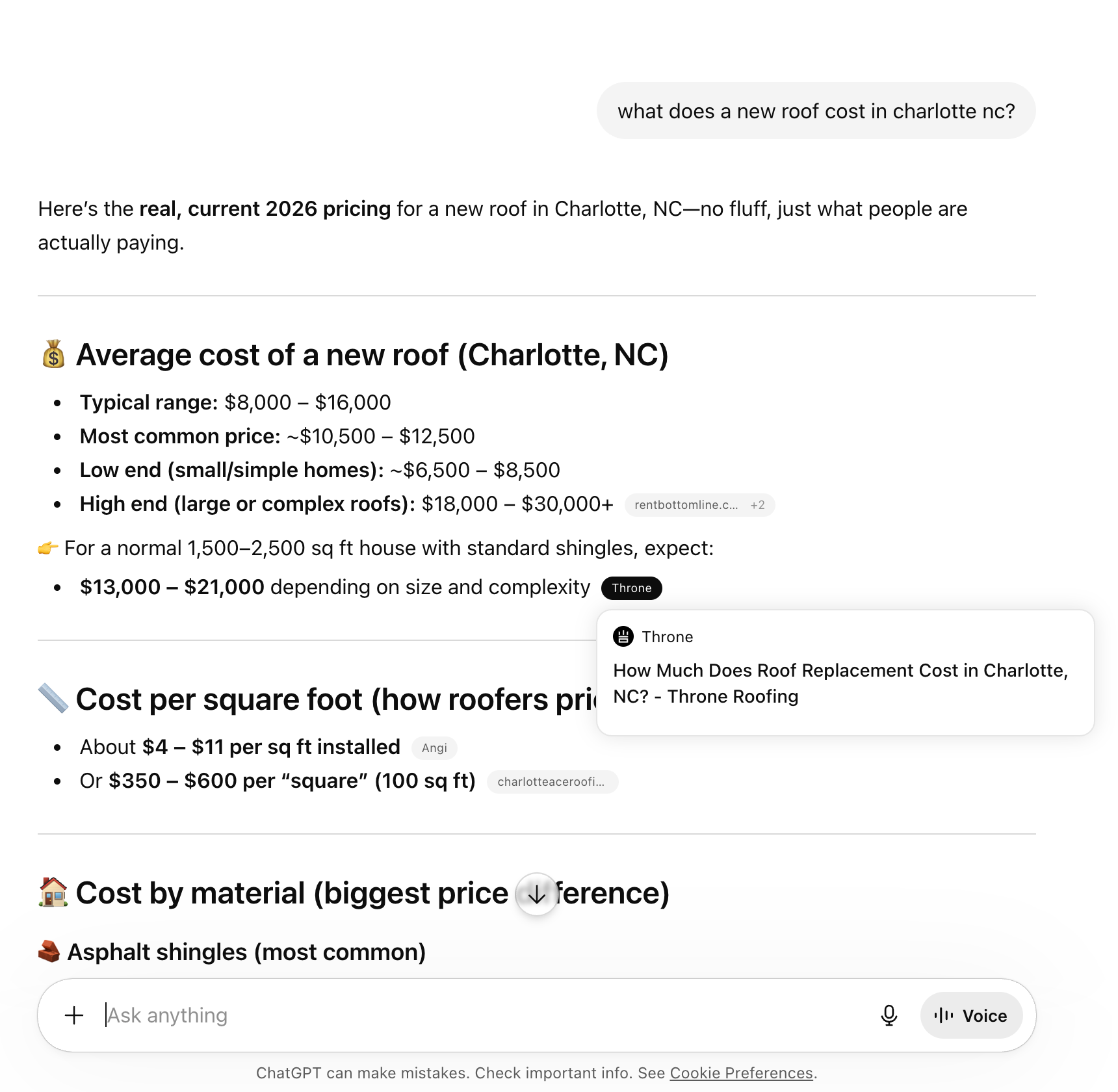 ChatGPT recommending a local Charlotte business in response to a voice search query