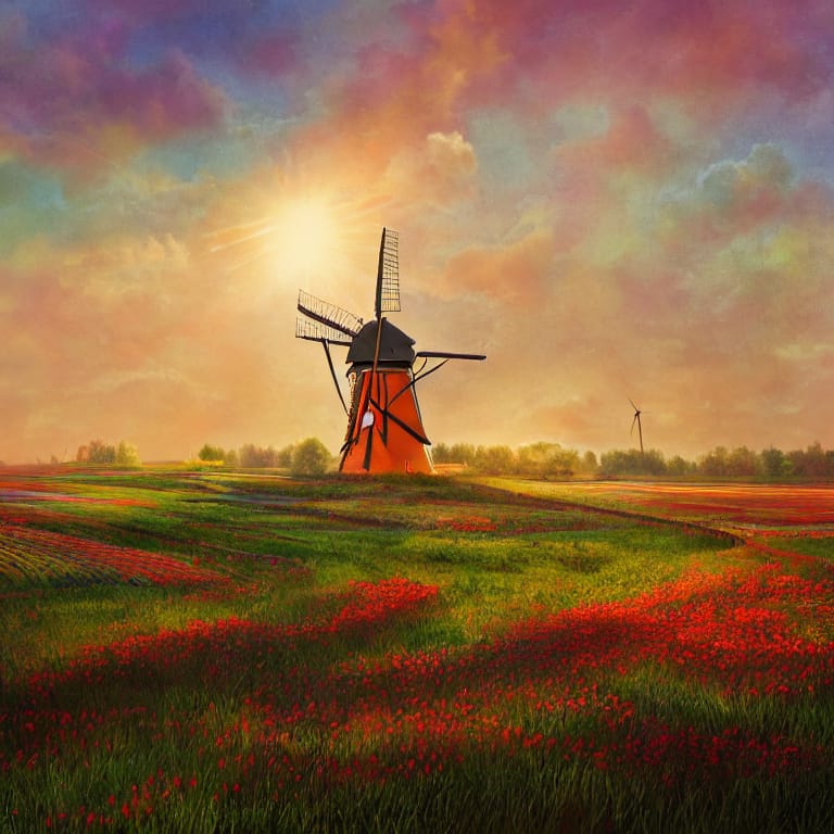 A colorful digital painting of a windmill in a serene Dutch countryside, illuminated by soft morning light, intricate details, warm hues, artstation, trending on PixelSquid, 4K UHD. (č·å
°čÆ)
