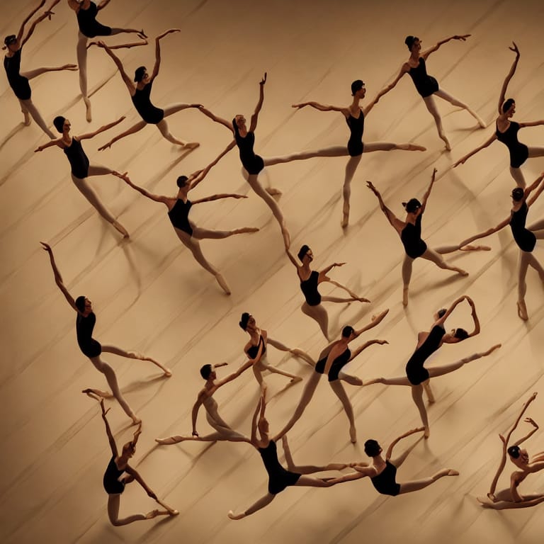 A group of professional ballet dancers in mid-air performing a grand jeté with graceful movements, lit from above by warm, golden lighting. Classic art deco theater backdrop accentuates the elegance and complexity of their performance. High contrast, sharp focus, intricate detailing, trending on ArtStation. 舞蹈