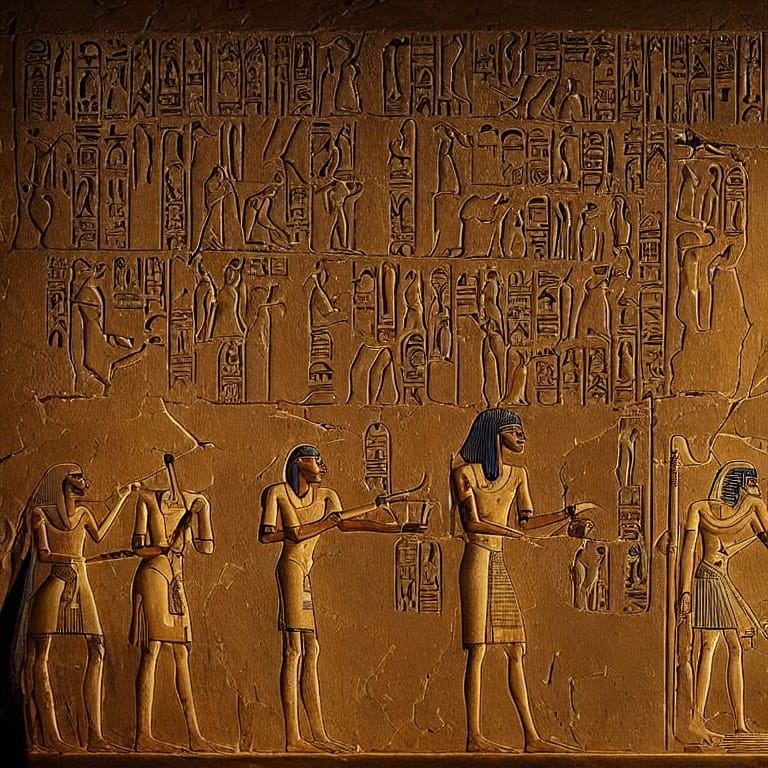 A digital portrait of an ancient Egyptian hieroglyphic scene depicting the biblical story of the Passover, featuring Moses and the burning bush, intricate details, dark and epic lighting, highly detailed, trending on Artstation, digital painting. (這是一個描繪聖經逾越節故事的古埃及象形文字場景的數字肖像，包括摩西和燃燒的灌木叢，細緻的細節，黑暗而史詩般的燈光，高度詳細，趨勢在Artstation上，數字繪畫。)