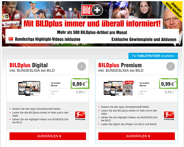 Der Erstzugang zum Paid Content von Bild.de kostet ebenfalls 99 Cent.