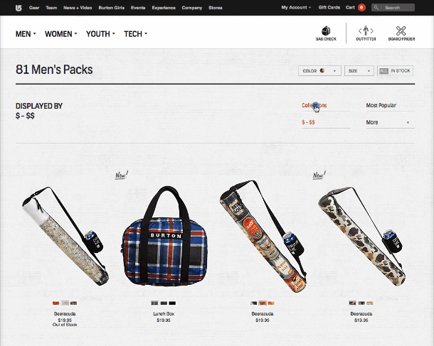 Produktfilterung bei burton.com