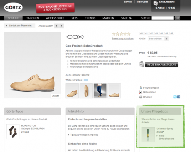 Wie im Ladengeschäft wird beim Schuhkauf die passende Pflege mit angeboten.