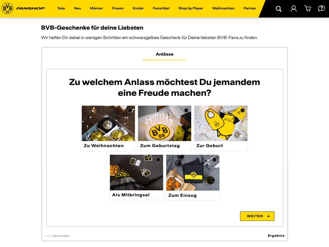 Screenshot des BVB-Geschenkefinders