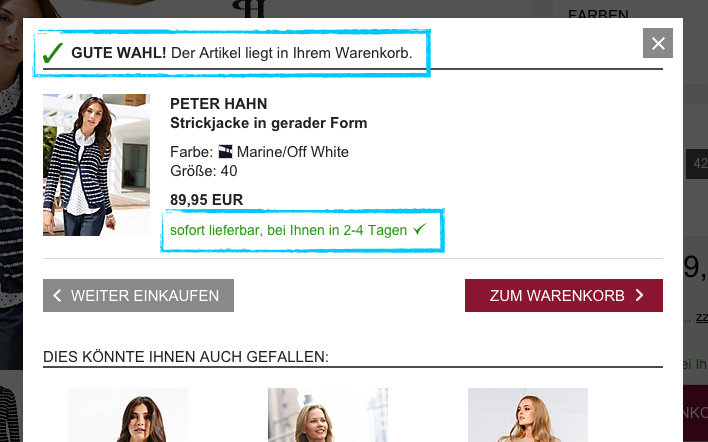Neben einem positiven Hinweis zur Lieferbarkeit bekommt der Besucher hier auch ein Lob für seine gute Wahl.