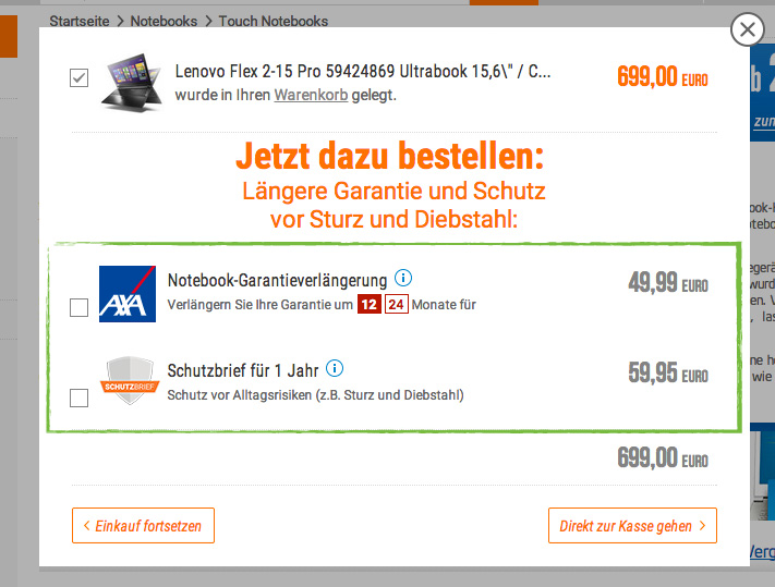 Der Moment der Aufmerksamkeit wird genutzt, um die passende Versicherung gleich mitzuverkaufen.