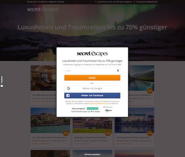 Unlocking-Prinzip durch Anmeldung bei Secret Escapes