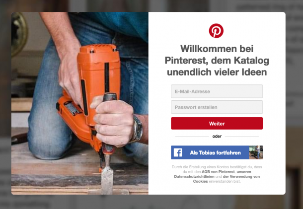 Unlocking bei Pinterest, erst anmelden um Features freizuschalten