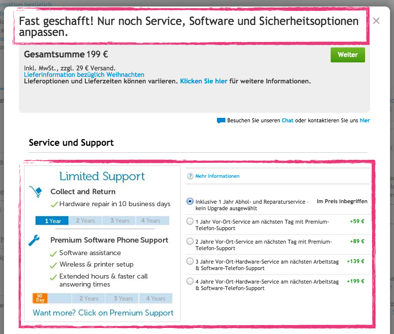 Hier können nach eigenen Wünschen weitere Services hinzugekauft werden.