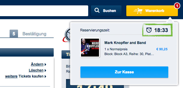 Auch bei Eventim wird hier als Meldung im Header Zeitdruck aufgebaut, um den Abschluss zu beschleunigen.