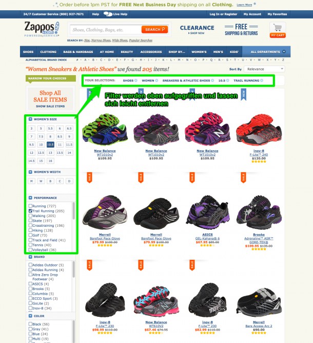 Filternavigation bei Zappos.com
