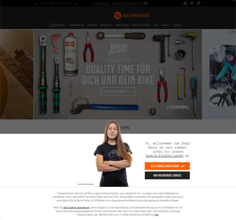 Beispiel Cookie Consent Layer bei Bike Components
