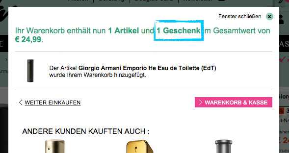 In Aktionszeiträumen erhält der Kunde ein Gratis-Geschenk. Dies wird im Layer direkt bestätigt.