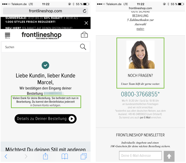 Auch beim Frontlineshop wird der direkte Kontakt bei Fragen angeboten. Mögliche Zweifel nach dem Kauf können so direkt beseitigt werden.