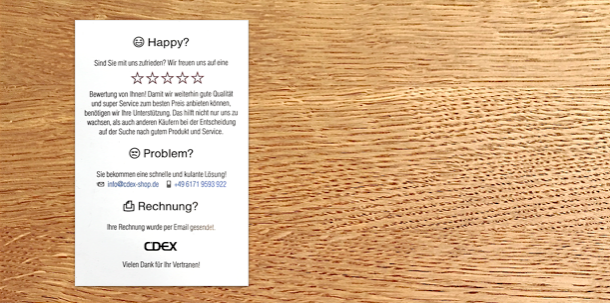 Es geht auch in Papierform: CDEX legt jeder Bestellung dieses Kärtchen bei.