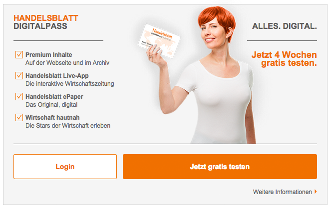 Premiuminhalte sind 4 Wochen gratis verfügbar. Weiterhin ist der Begriff Digitalpass geschickt gewählt, da die digitale Leistung dadurch ein Stück weit physisch greifbar wird und dadurch an Wertigkeit gewinnt.