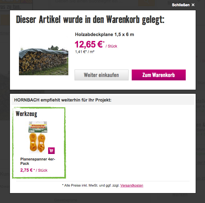 Hornbach zeigt nur Artikel, die auch zum Produkt passen. Hier kann weniger auch mehr sein.