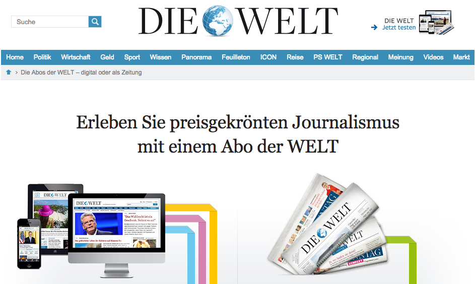 Auch bei der Welt steht der preisgekrönte Journalismus im Vordergrund.