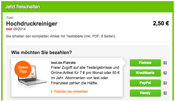 Bei test.de stehen besonders viele Zahlmöglichkeiten zur Auswahl.