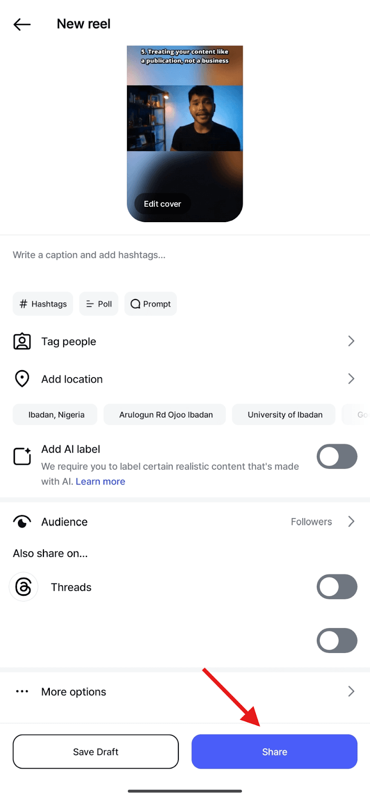 Share instagram reel