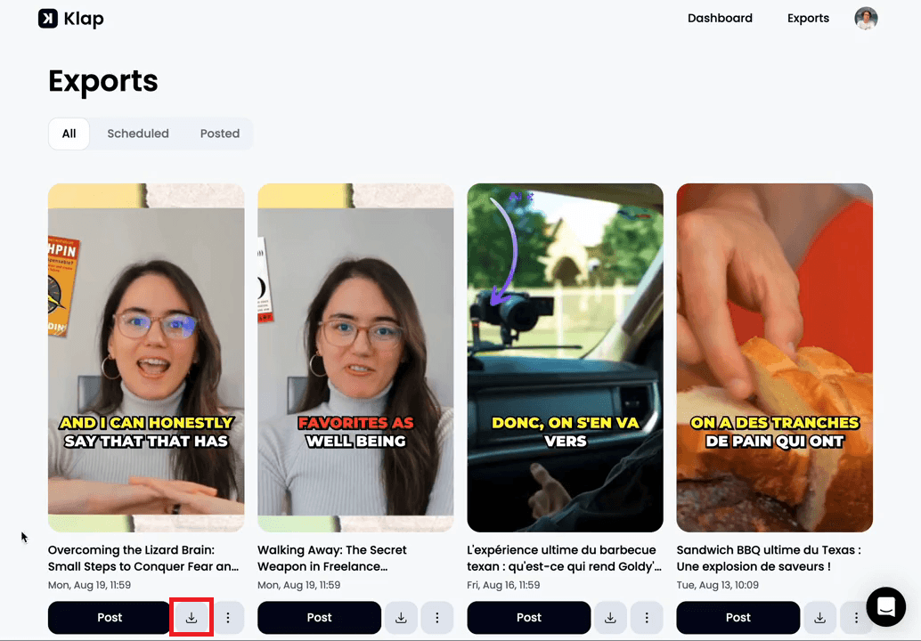 Klap export and publish video