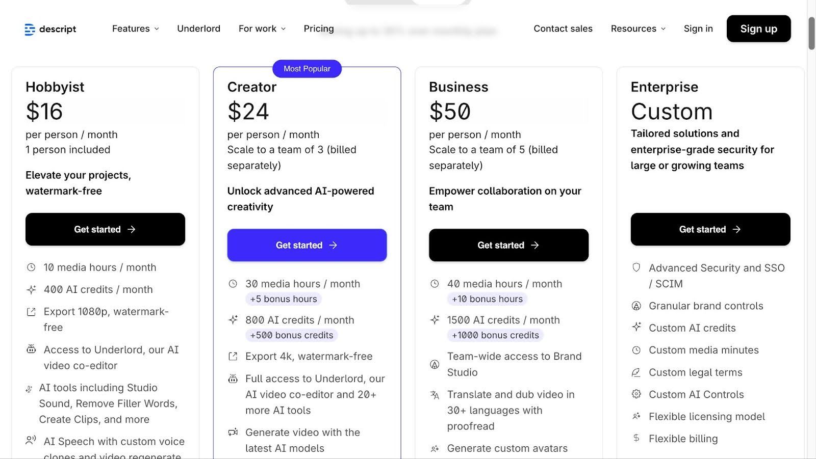 Descript pricing