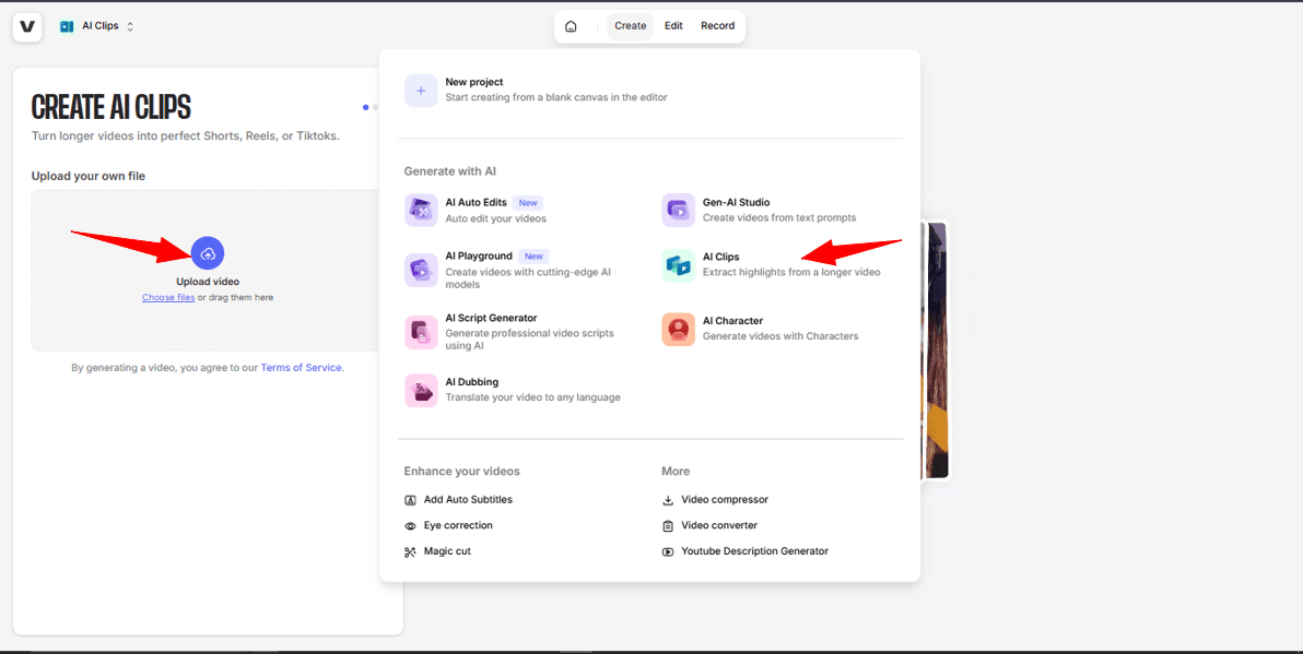 VEED.io Create and choose AI Clips