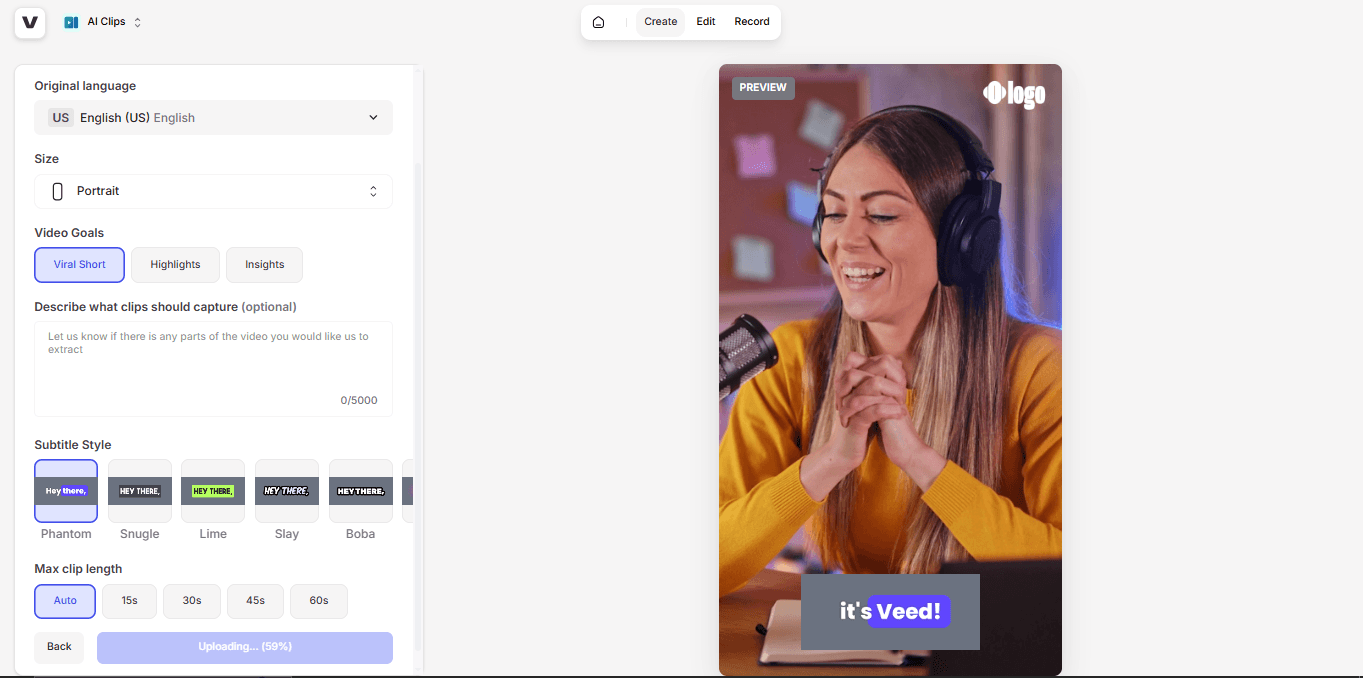 VEED.io configure clip settings