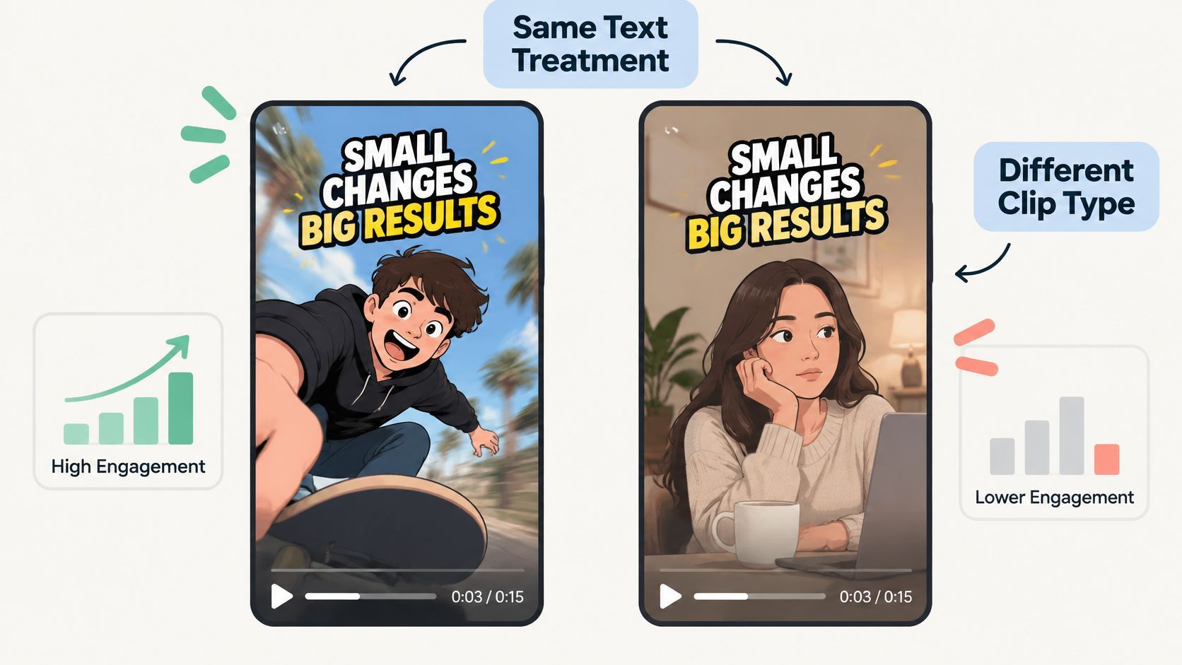 A comparison of two video clips showing the impact of visual content on engagement levels.