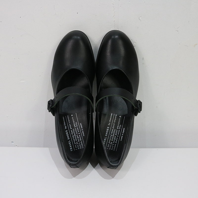 TRAVEL SHOES by chausser / トラベル シューズ バイ ショセ レザーウエッジソールワンストラップシューズ black