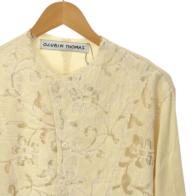 OLUBIYI THOMAS / オルヴィトーマス collarless shirt シルク 異素材ドッキング フロントレイヤード カラーレス ロングシャツ