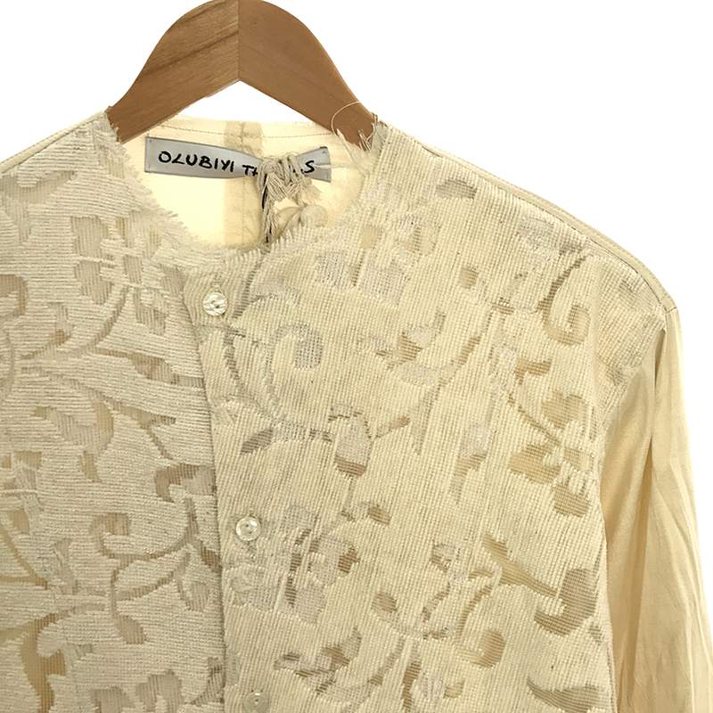 OLUBIYI THOMAS / オルヴィトーマス collarless shirt シルク 異素材ドッキング フロントレイヤード カラーレス ロングシャツ