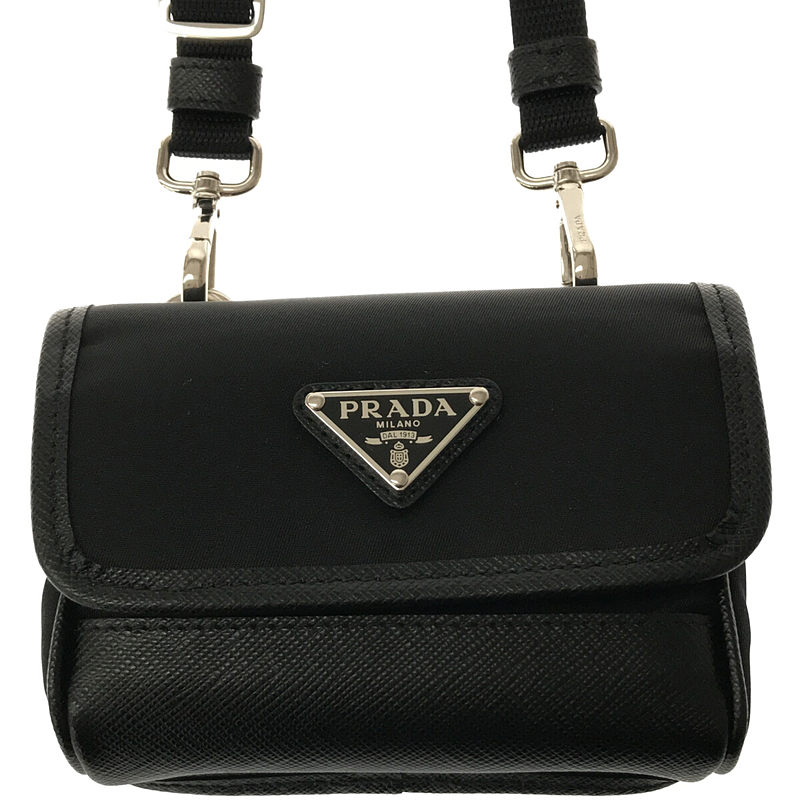 未使用 展示品 プラダ PRADA サフィアーノ ミニポーチ ショルダー バッグ ナイロン レザー ブラック 2ZT022 シルバー 金具 VLP 90207664