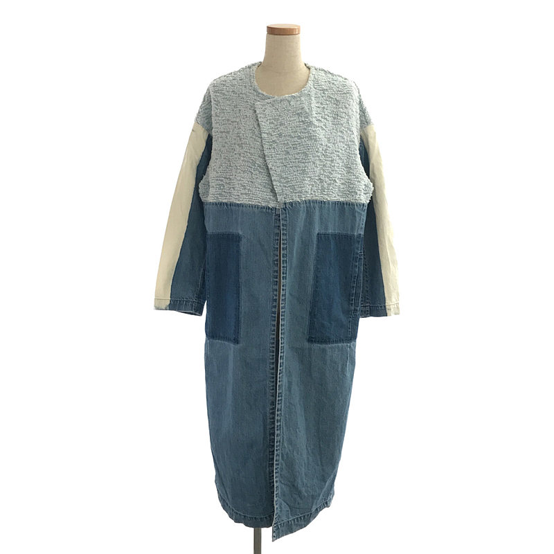 Sakiori Denim Coat リメイク風 コットン 切替 裂き織り ノーカラー ロング デニム コート