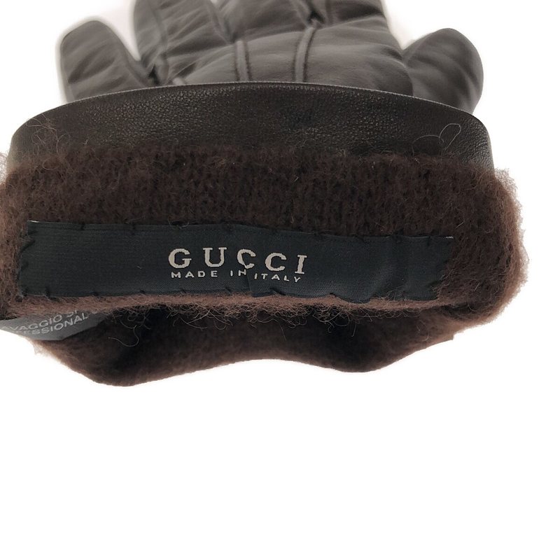 GUCCI / グッチ ライニングカシミヤ仕様 プレート付き レザーグローブ 手袋