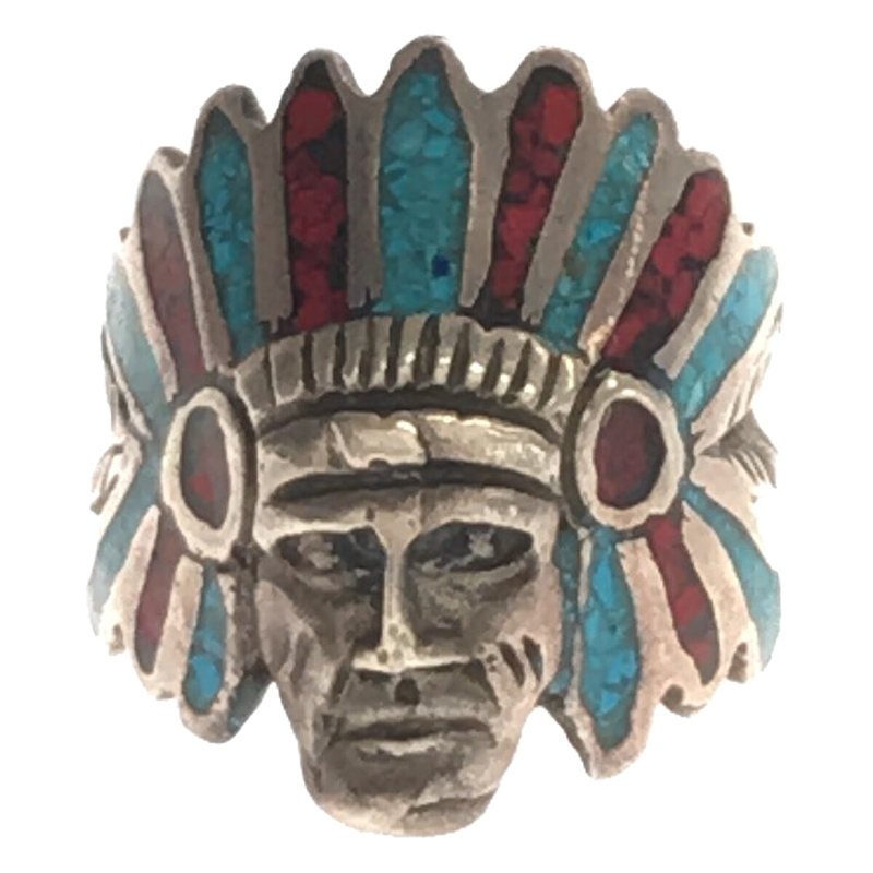 インディアンジュエリー ナバホ  ネイティブ酋長 ヘッド 925 彫金 インレイ ターコイズ 赤サンゴ リング