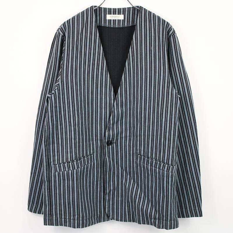 Cotton pique stripe collarless jacket ストライプノーカラー