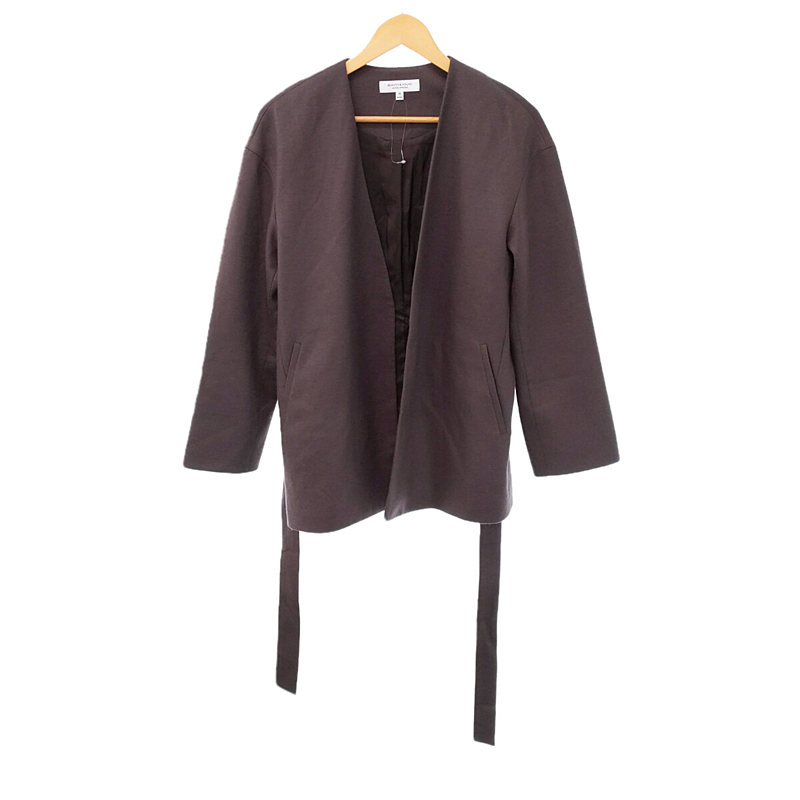 ビューティー&ユース リネン ノーカラー カーディガン ニット 長袖 緑 ビューティー\u0026ユース ノーカラージップジャケット 麻 リネン L