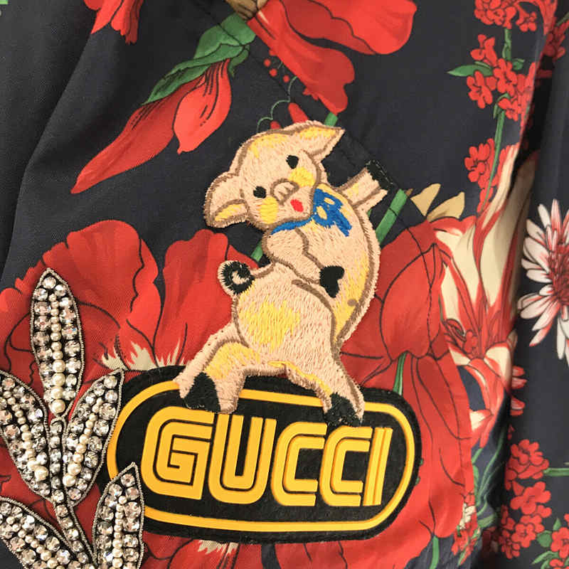 GUCCI / グッチ 2018年製 / 528184  刺繍 装飾 ロゴ  花柄 フラワー フルジップ ナイロン ジャケット フーディ
